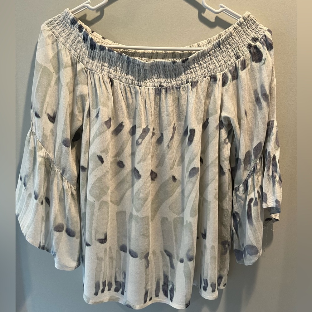 Lovestitch White Blouse with Blue-ish Gray Pattern, Size Medium
